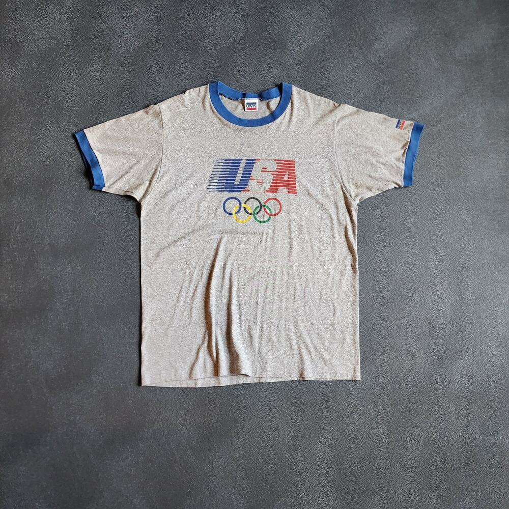 Vintage 80's Levi's USA 1984 Olympics Grey Ringer Shirt XL